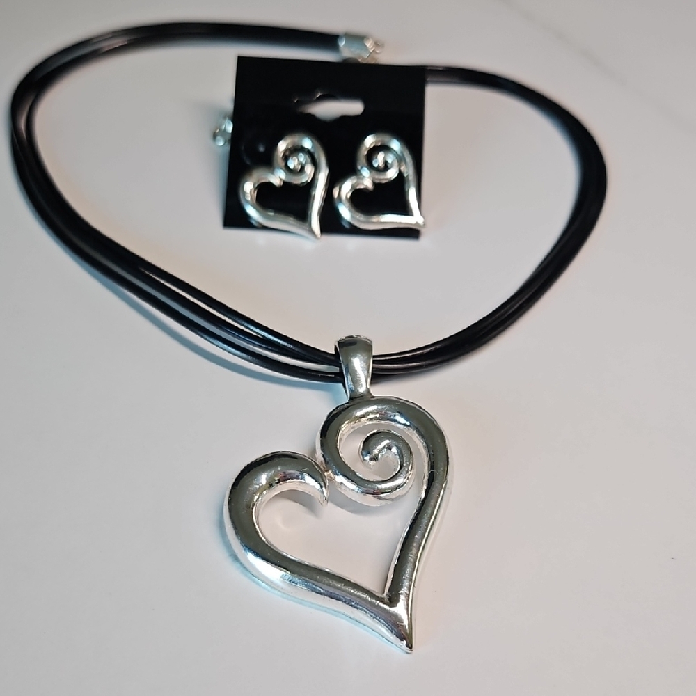 Silver Heart Spiral Pendant Necklace and Earrings Set - Black Cord